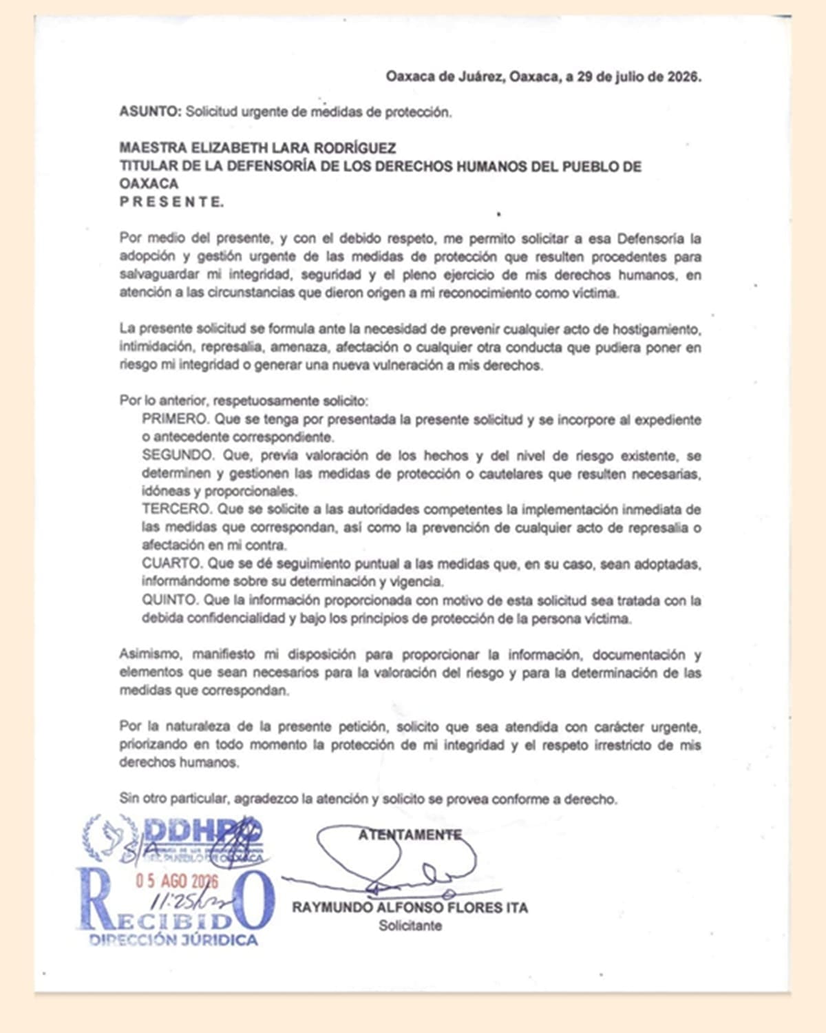 Carta de Raymundo Flores a la titular de DDHPO