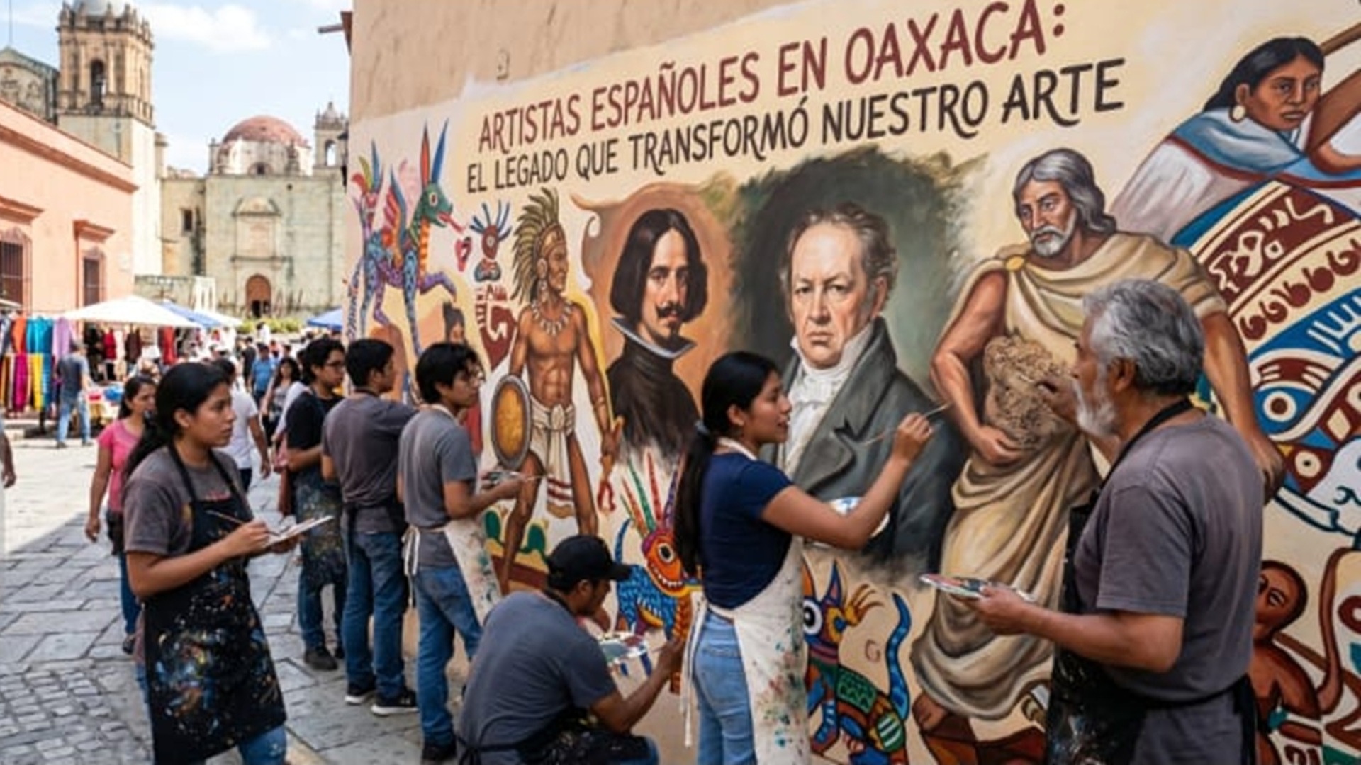 Imagen de IA en la que se ve un mural siendo pintado por varias personas, entre jóvenes y adultos.