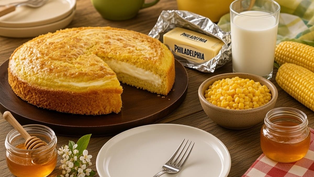 Pay de elote en una mesa, acompañado de varios utensilios, un base con leche y otros ingredientes como queso Philadelphia