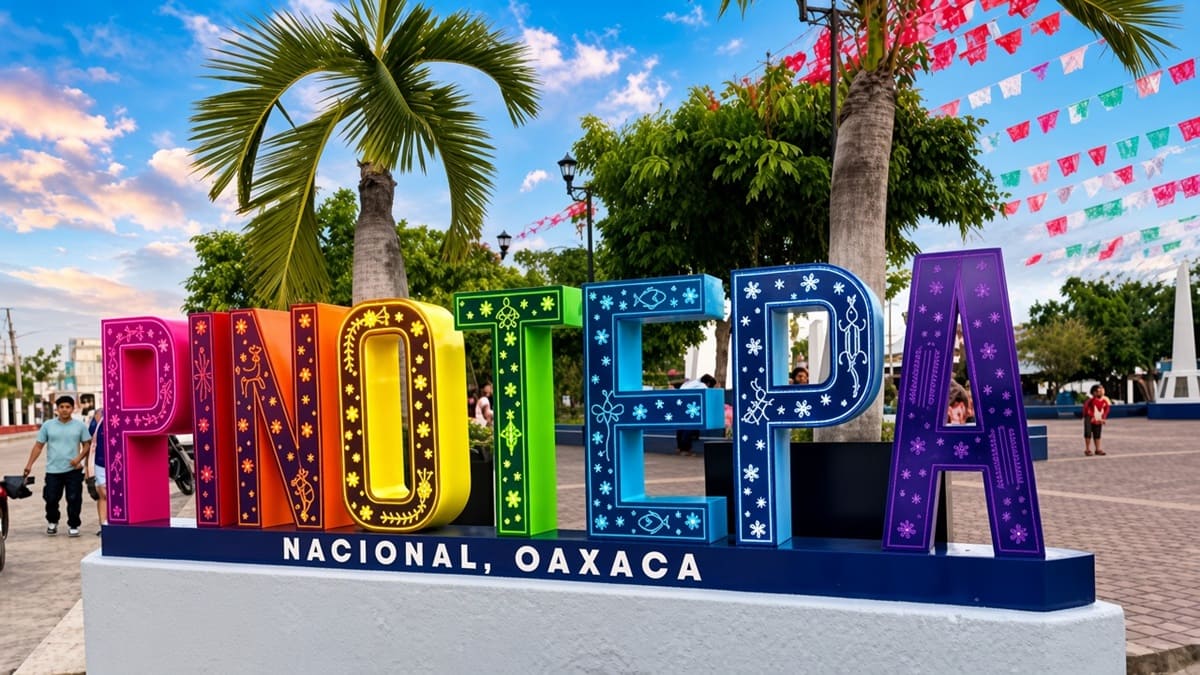 Imagen del letrero de Pinotepa Nacional en estilo luminoso sobre una base de cemento en la esquina de un parque