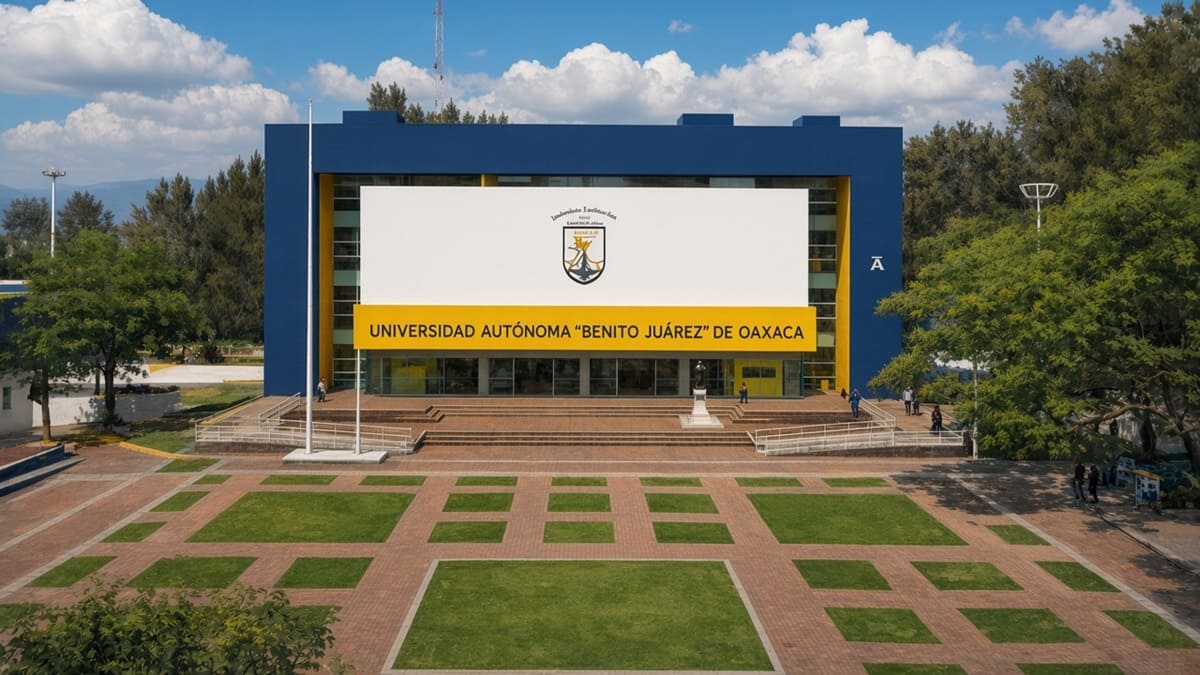 Imagen de la facha de la rectoría de la Universidad Autónoma Benito Juárez de Oaxaca con un acceso amplio y un jardín frontal 