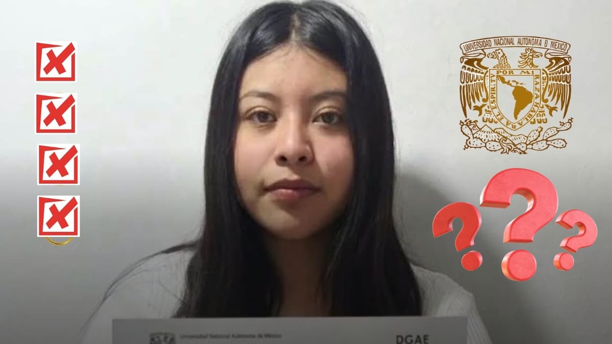 Imagen de Brisa García con cuatro taches, junto a logo de la UNAM y signos de interrogación