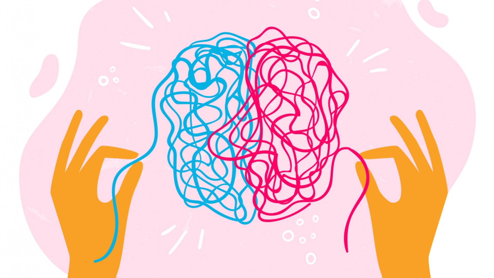 Imagen de diseño de dos manos sosteniendo hilos rojos y azules que forman un cerebro.