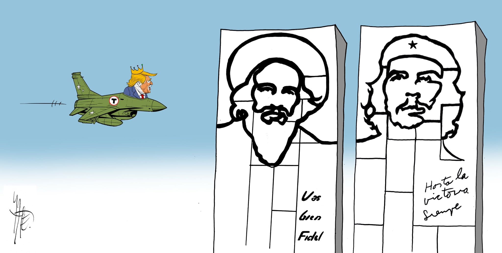 Caricatura de dos edificios con rostros y un avión caza aproximándose.