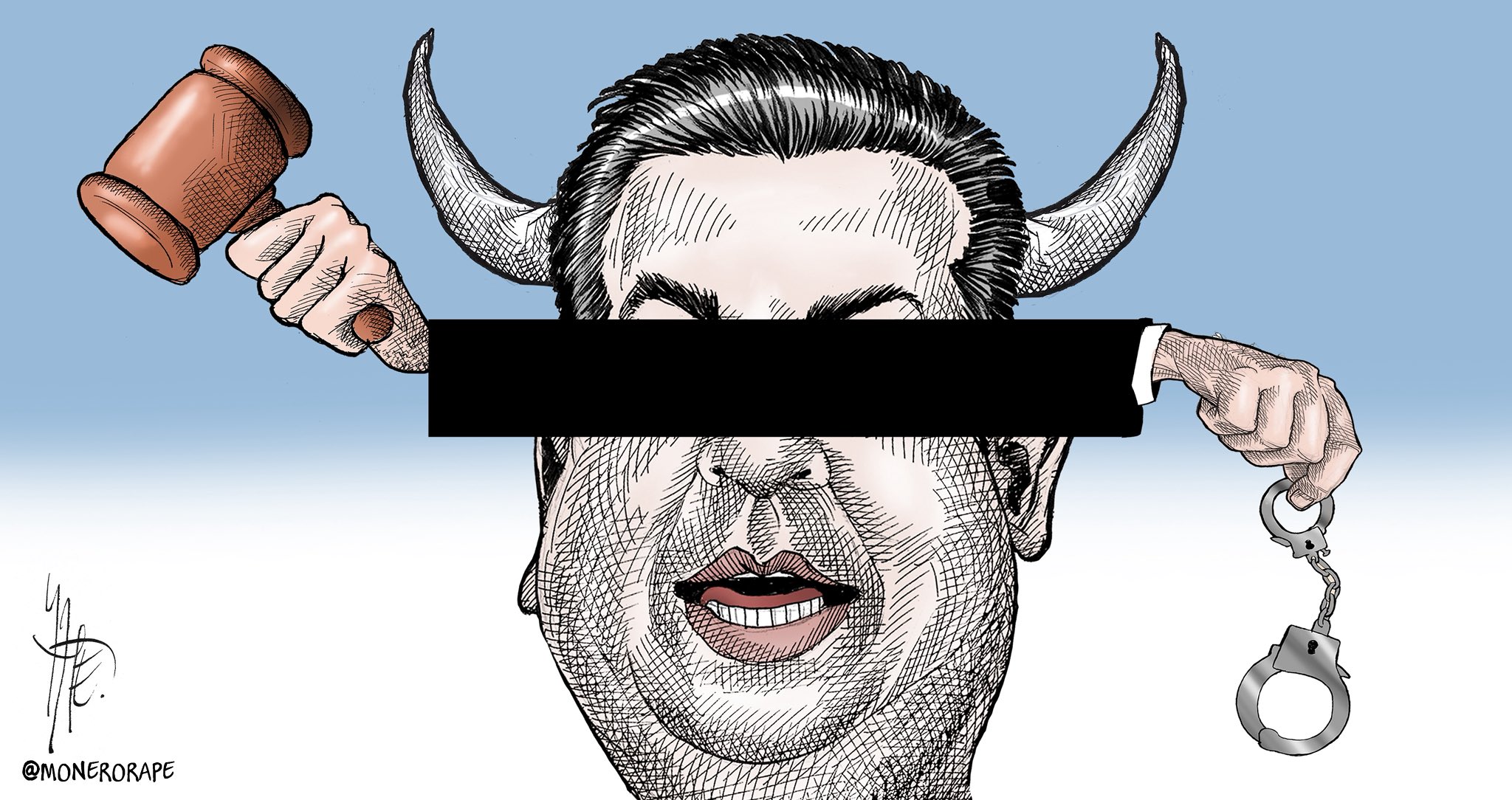 Caricatura del rostro del político Francisco Cabeza de Vaca con cuernos, esposas y un mallete judicial.