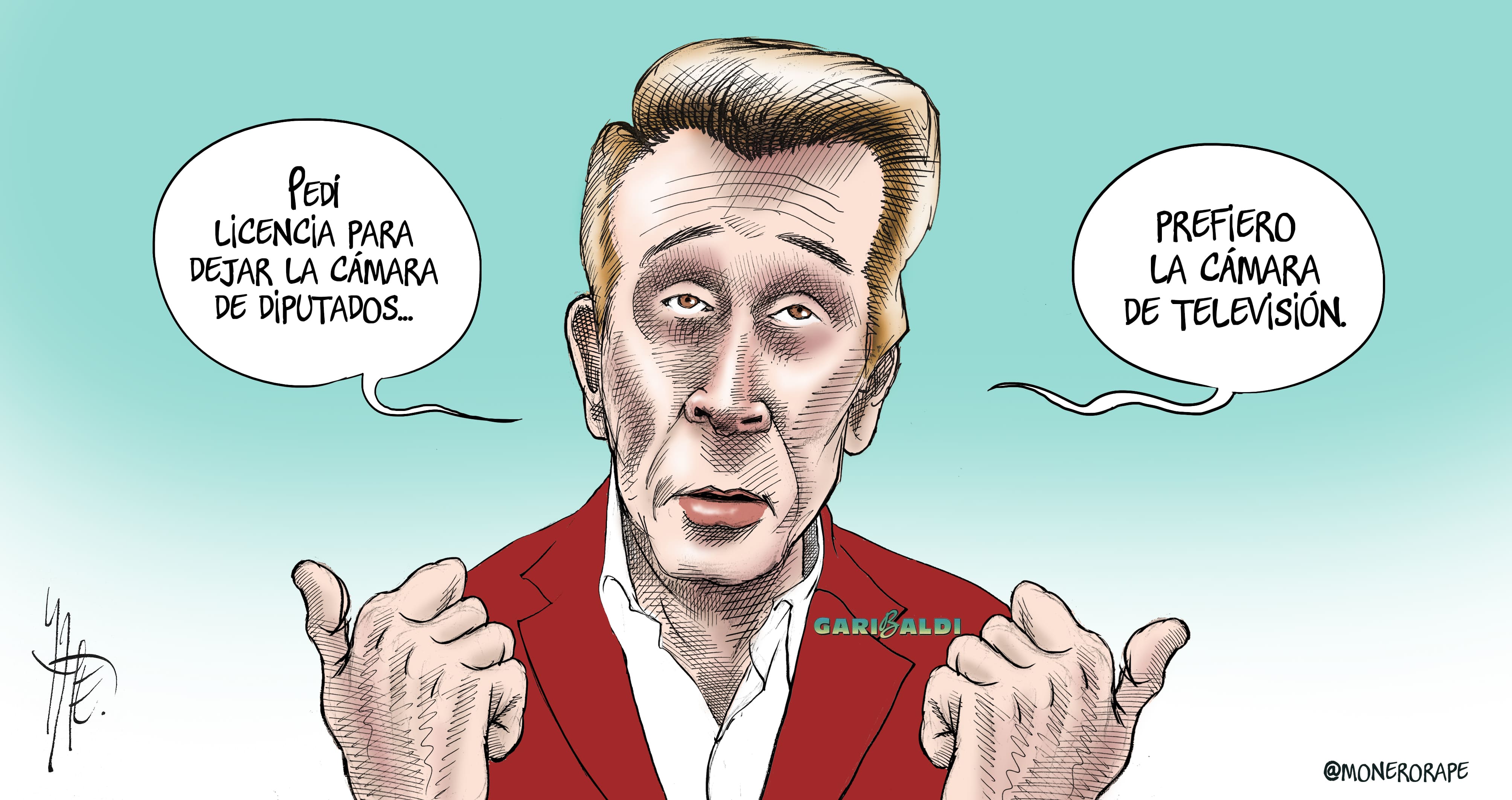 Caricatura del diputado Sergio Mayer, con saco rojo y explicando porqué pidió licencia.