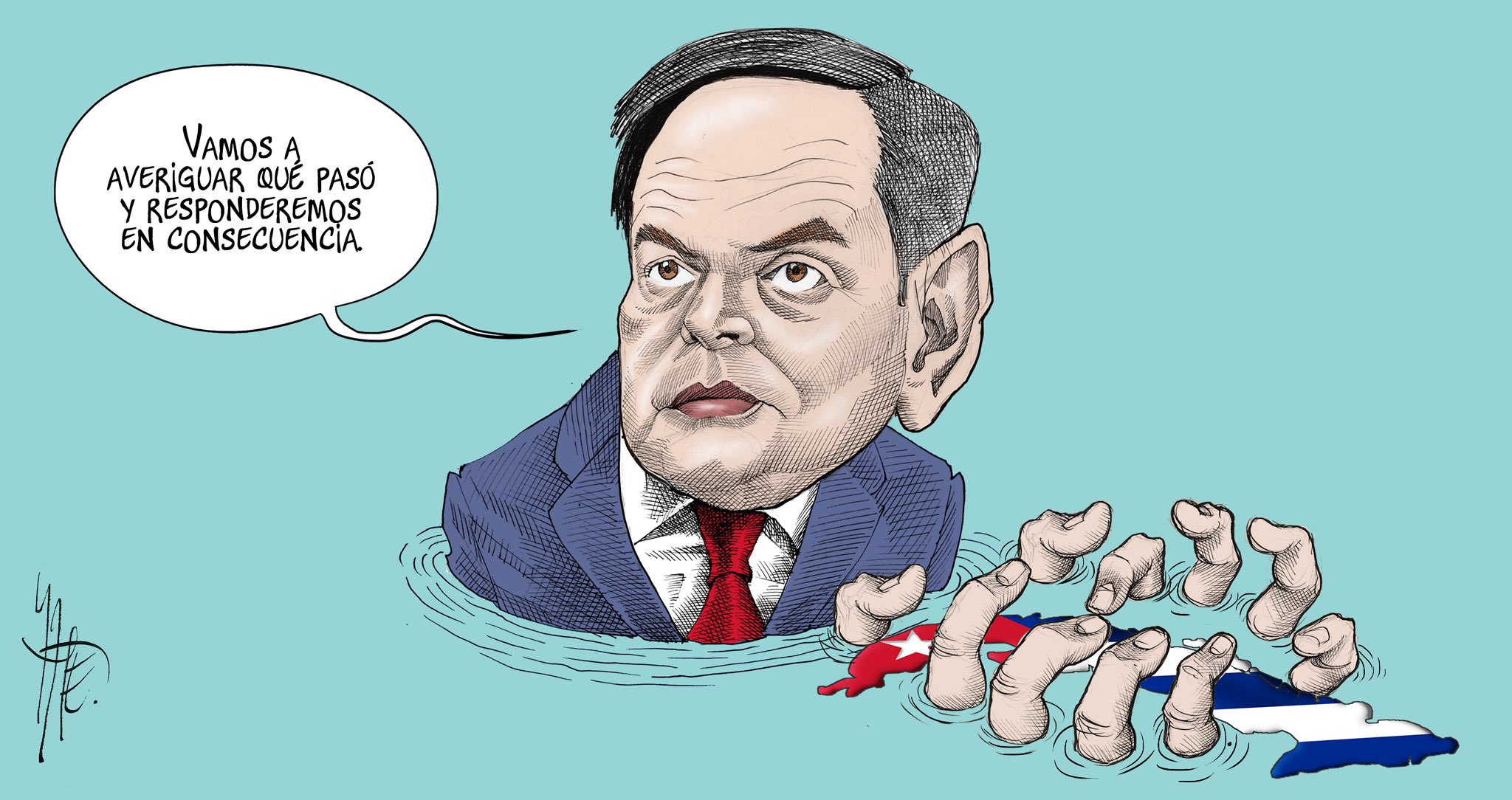 Caricatura de Marco Rubio apretando con sus manos la imagen que representa la isla de Cuba.