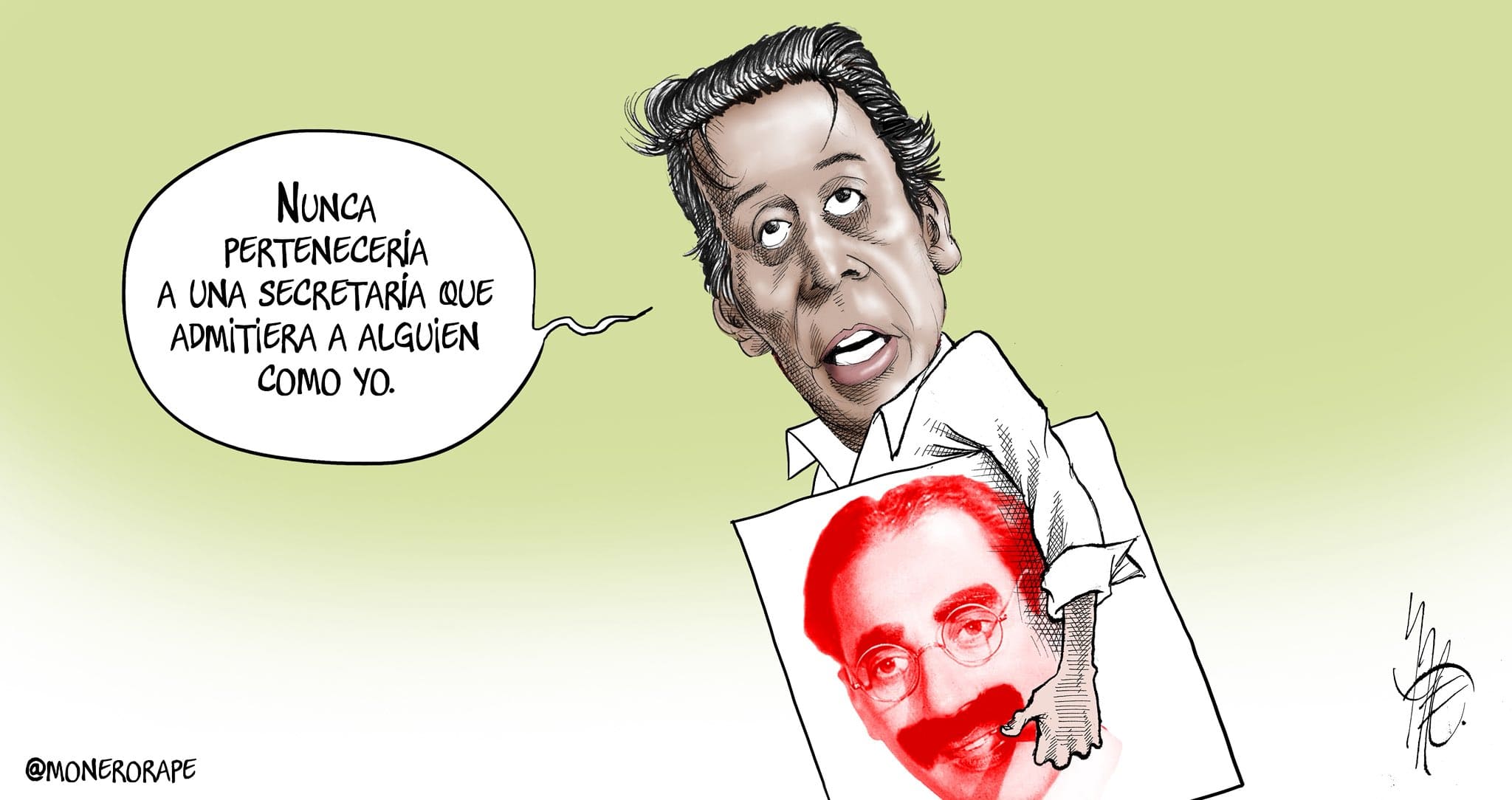 Caricatura de Marx Arriaga con camisa blanca y cargando una pintura de Madero.