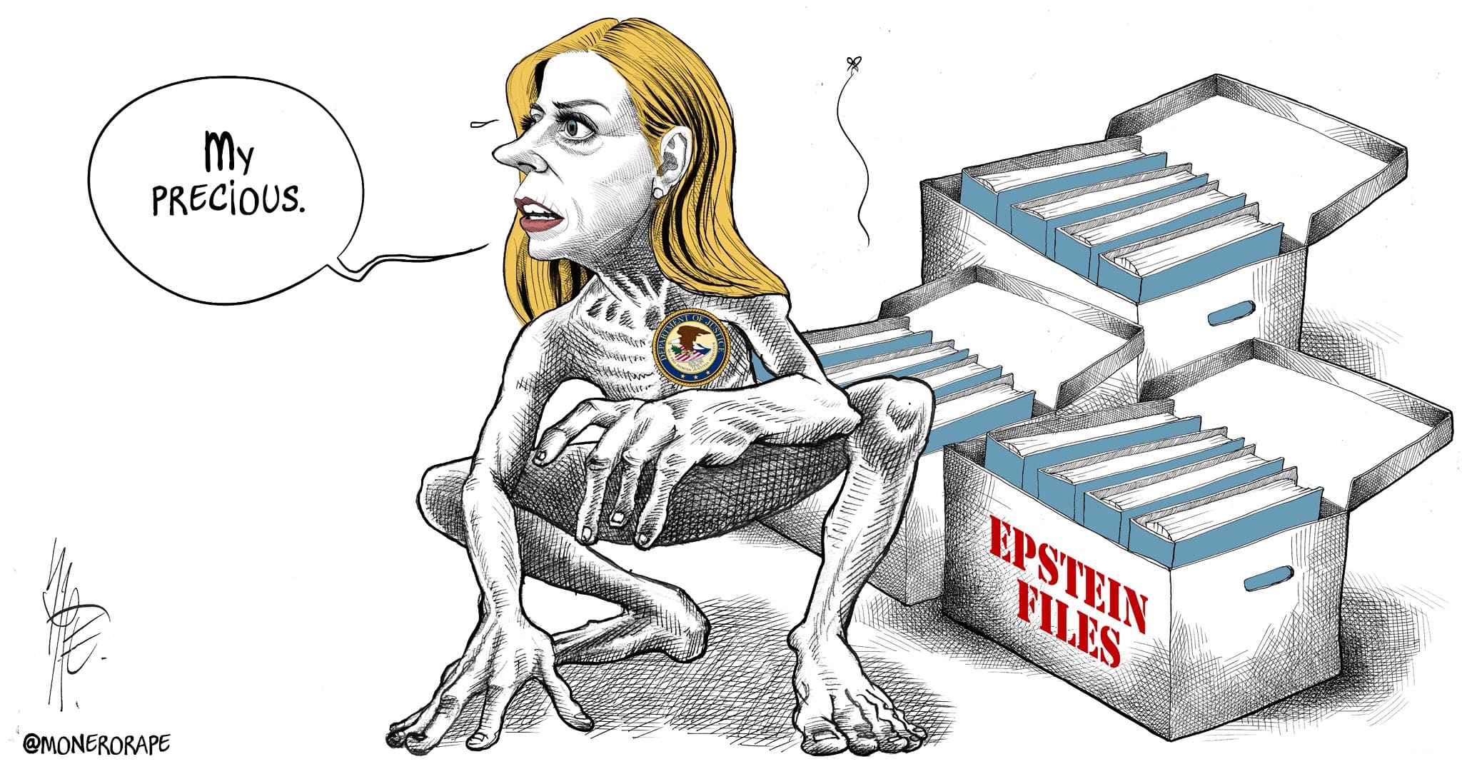Caricatura de una mujer, Pam Bondi, con cuerpo esquelético y detrás unas cajas que dicen 