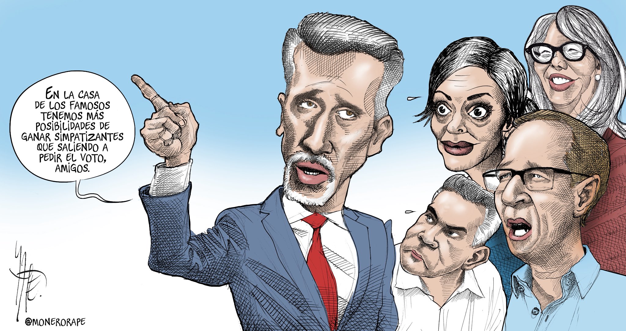 Caricatura de Sergio Mayer diciendo unas palabras a Alito Moreno, Lili Téllez y Ricardo Anaya.