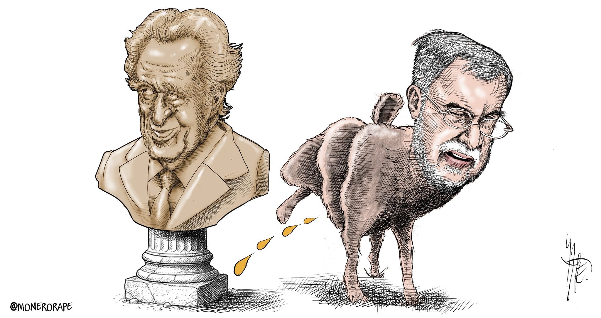 Caricatura de un perro con el rostro de Julio Scherer Ibarra orinando un busto de Julio Scherer García.