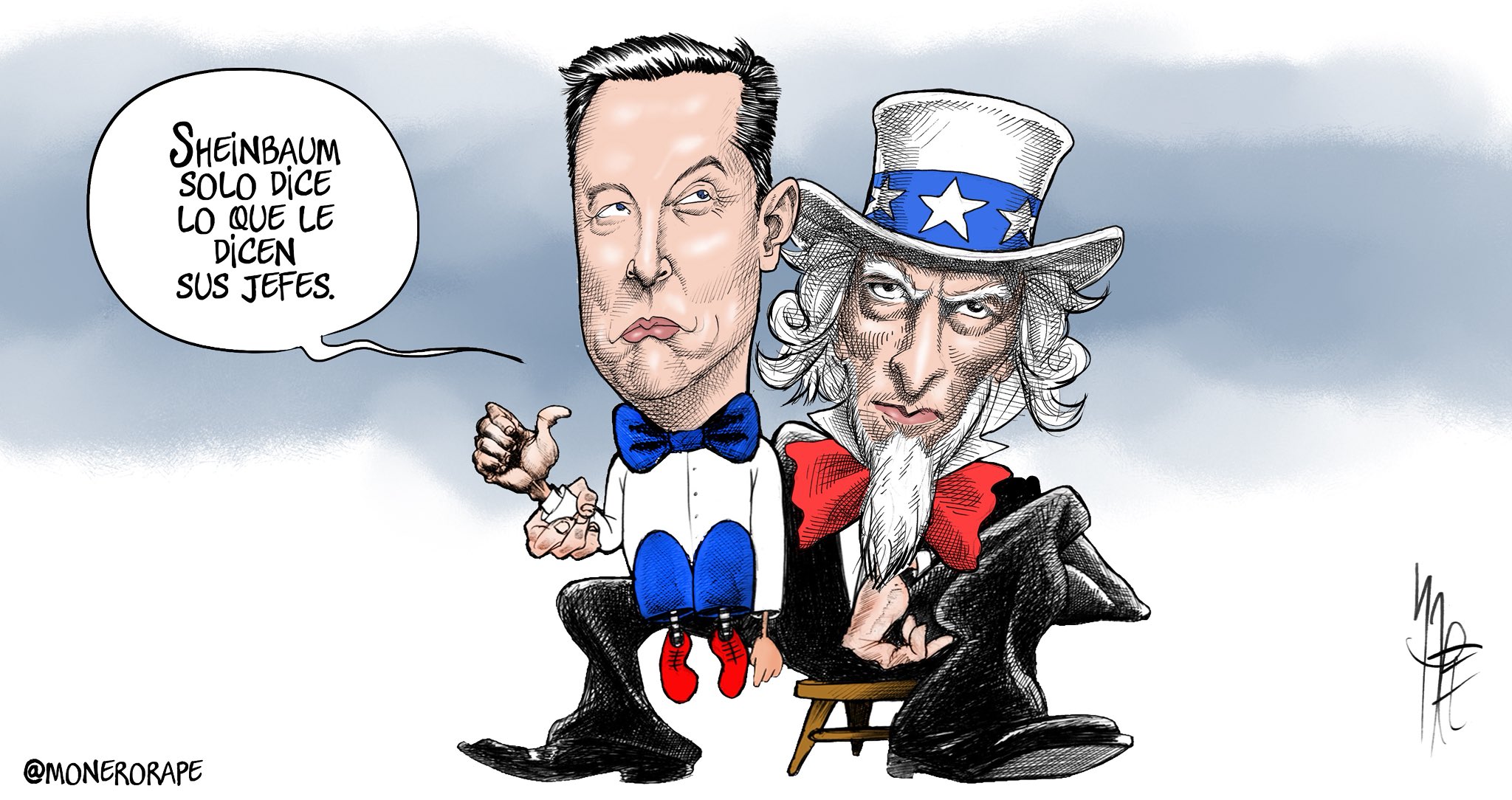 Caricatura de Elon Musk sobre las piernas del emblemático Tío Sam.