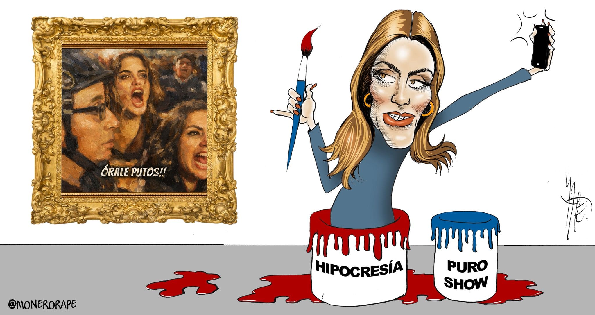 Caricatura de Alessandra Rojo de la Vega dentro de un bote con pintura roja y la leyenda 