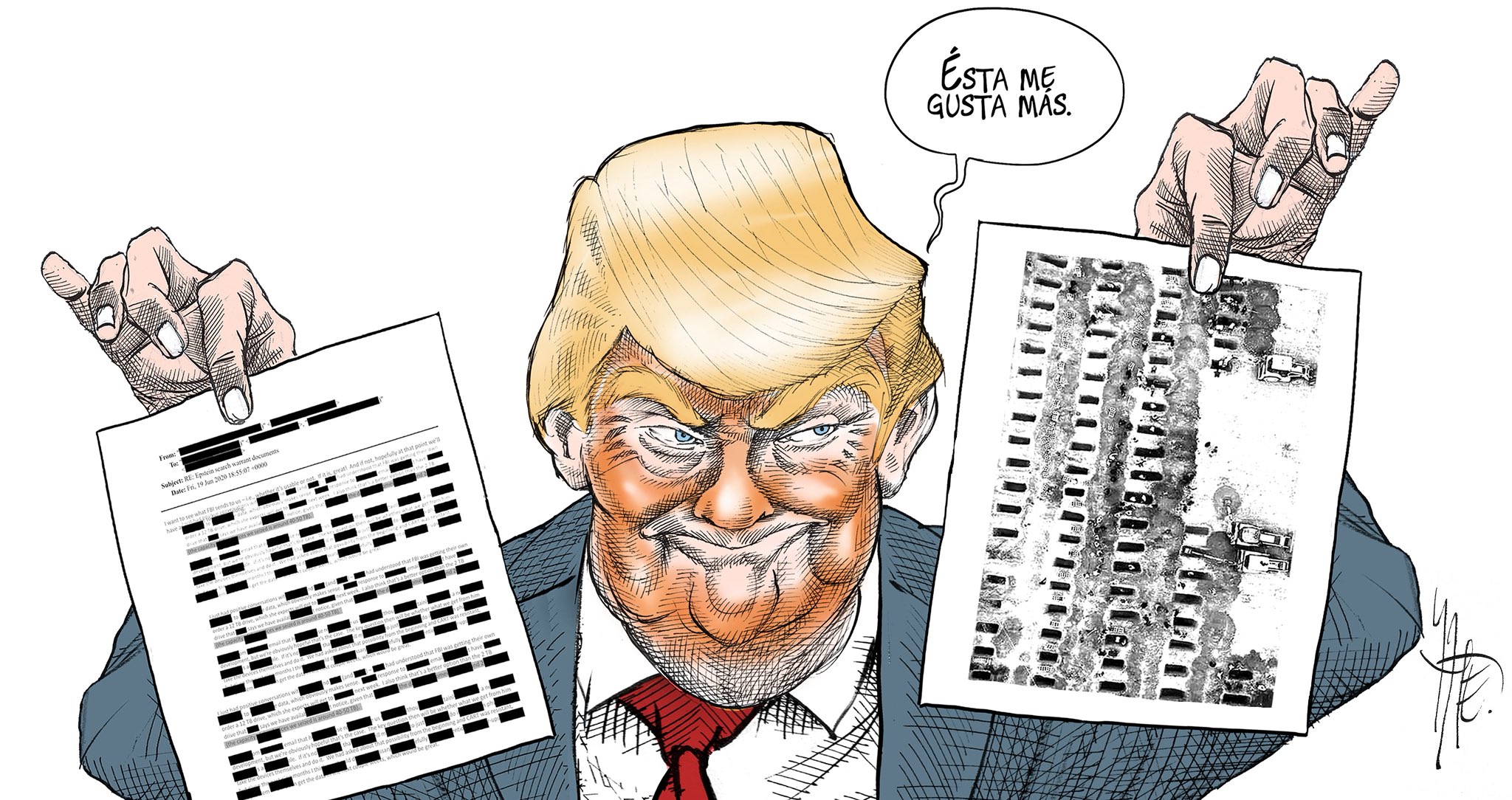 Caricatura de Donald Trump sosteniendo una hoja con aparente texto codificado y otra con una imagen de un edificio destruído.