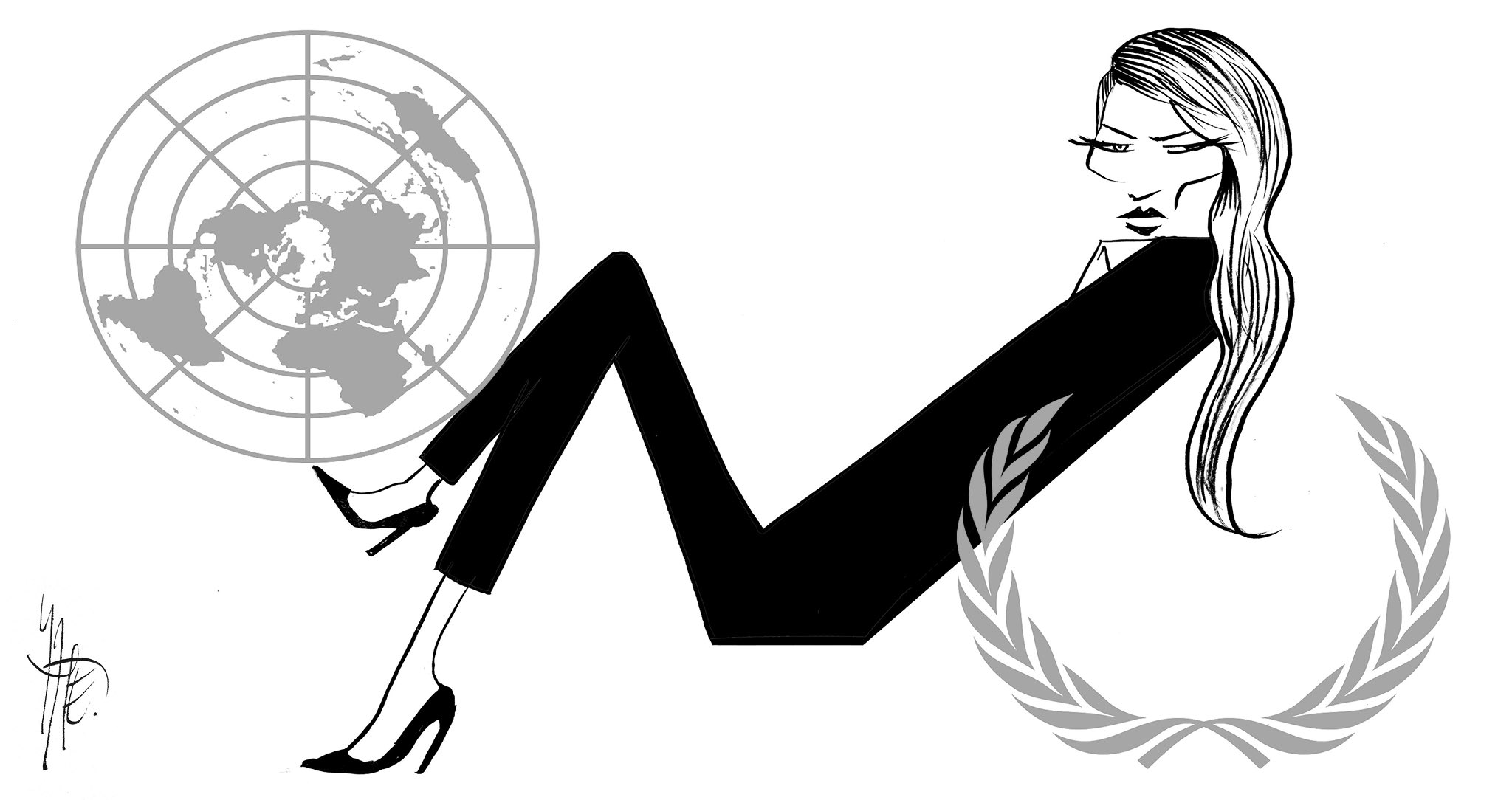 Caricatura de una mujer que semeja a Melania Trump, junto al logo de la ONU.