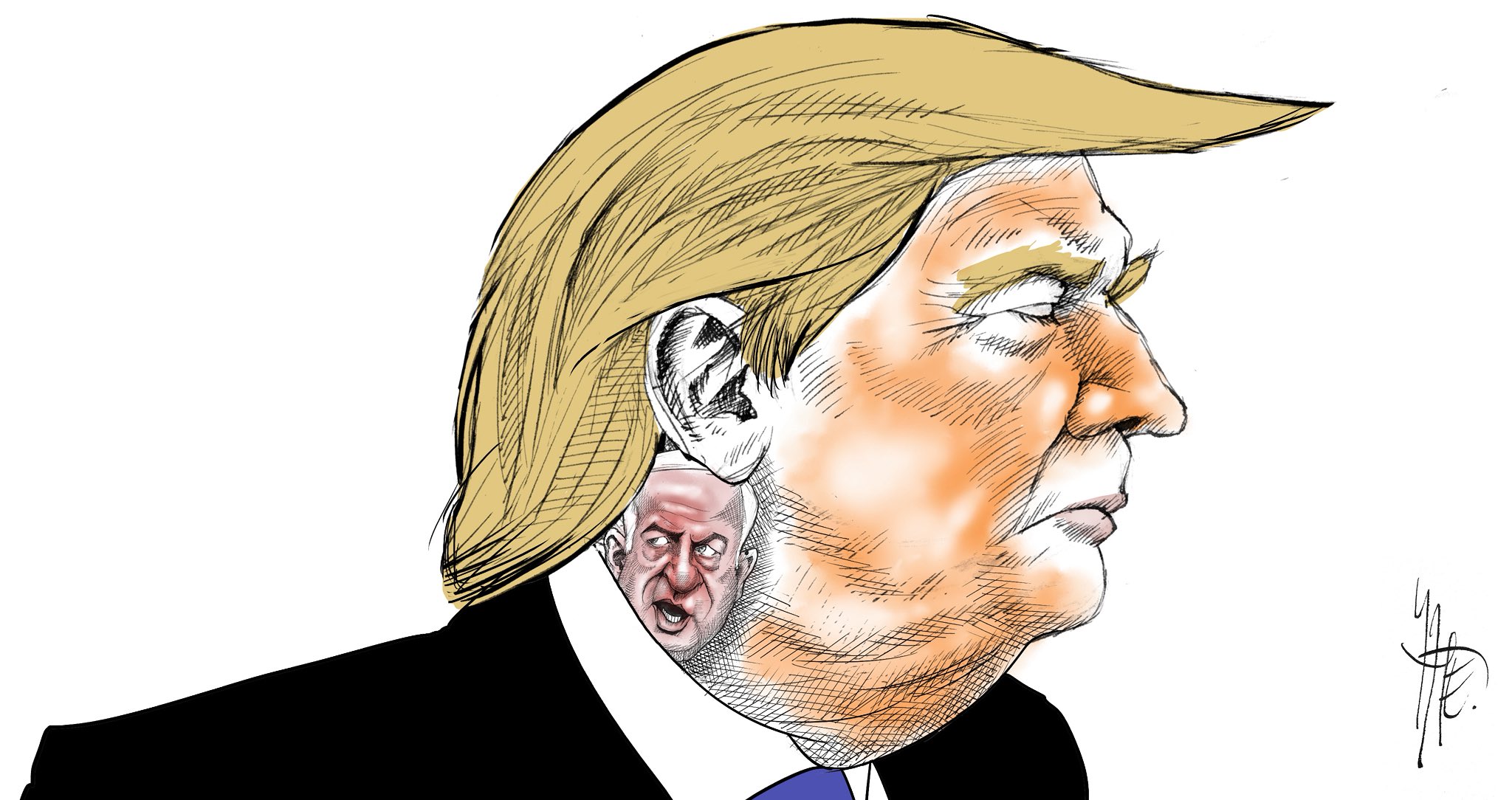 Caricatura de Donald Trump con una imagen más pequeña de Benjamin Netanyahu en el cuello.