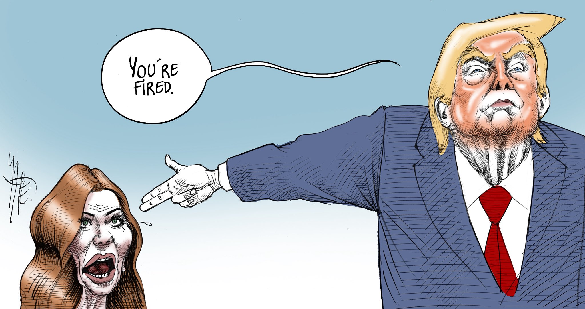 Caricatura de Donald Trump apuntando con la mano a Kristi Noem, a quien destituyó en el Departamento de Seguridad Nacional.