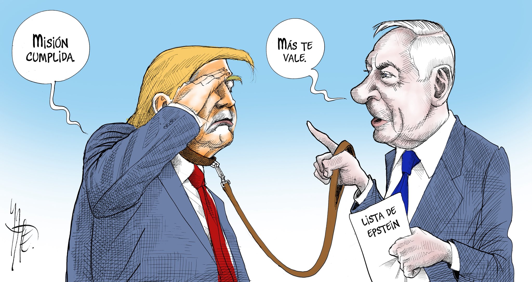 Caricatura de Donald Trump dando un saludo militar a Benjamin Netanyahu.