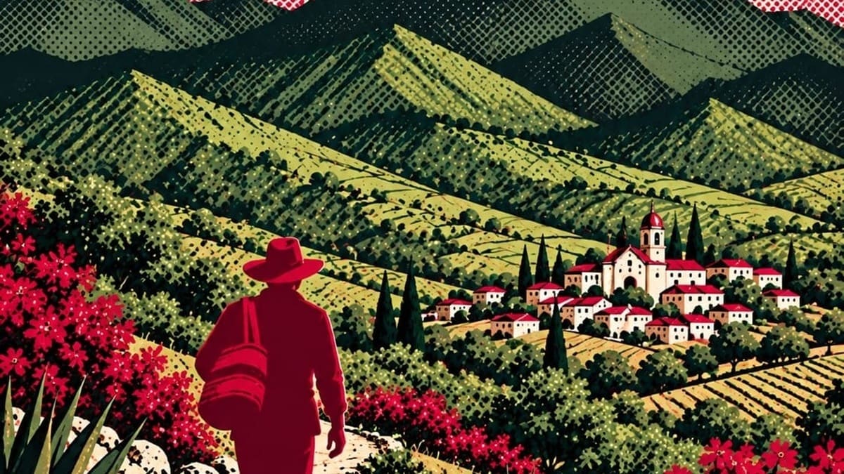 Imagen generada por inteligencia artificial de un campesino caminando hacia un poblado en un campo rural