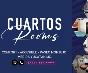 Anuncio de Cuartos Rooms con fondo azul y la descripción de sus servicios con un número telefónico.
