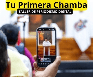 Anuncio de Taller de PEriodismo DIgital de Oaxaca Informa con una imagen de conferencia de Salomón Jara Cruz siendo grabada por un celular.