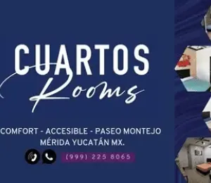 Anuncio de Cuartos Rooms con fondo azul y la descripción de sus servicios con un número telefónico.